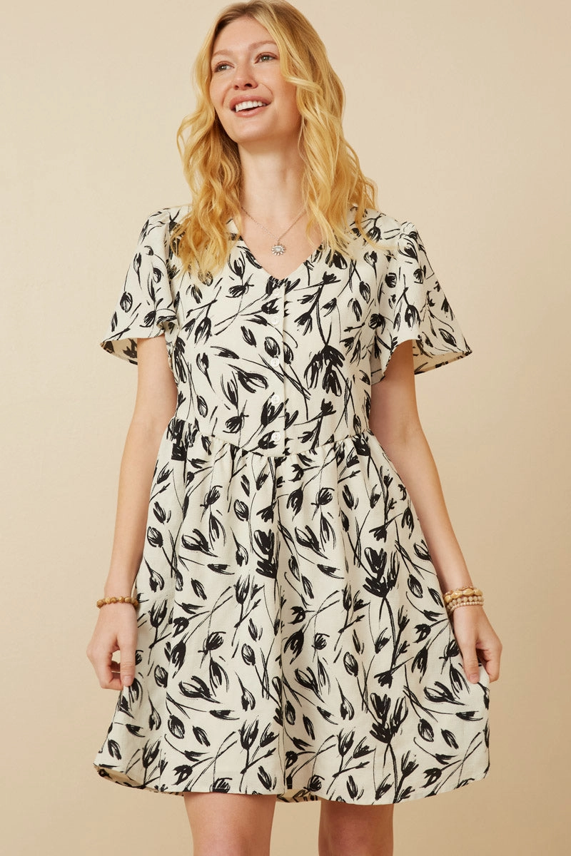 Monochromatic Floral Buttoned Dress Flowy summer gown