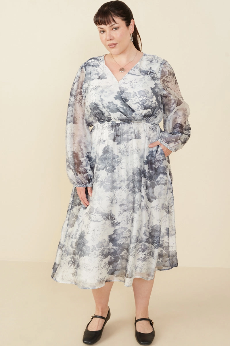 spring fresh Work Vibe Monochrome Forest Print Satin Dress