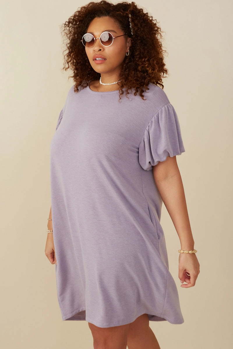 Gathered Puff Sleeve French Terry Knit Dress Mid Season