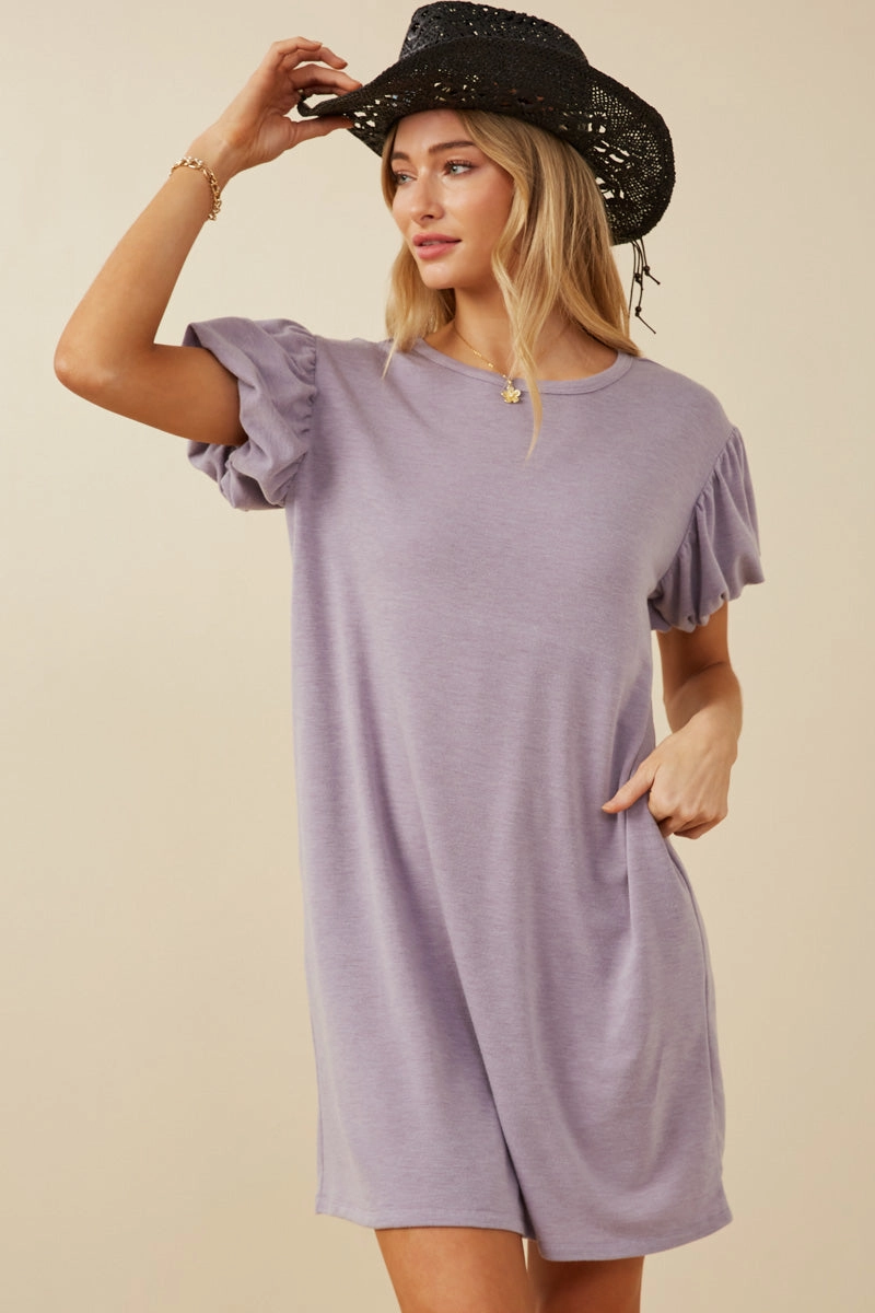 Gathered Puff Sleeve French Terry Knit Dress Street Ease