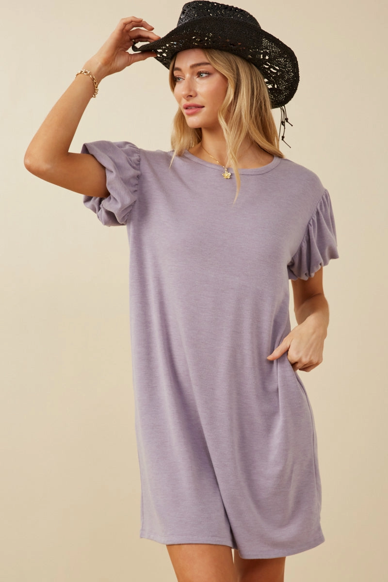 Lounge Favorite Gathered Puff Sleeve French Terry Knit Dress