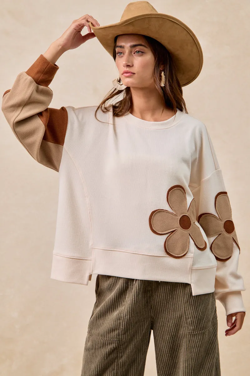 IT3518S-02 | TEXTURED RIB FLOWER PATCHWORK TOP WITH UNEVEN HEM Long Length