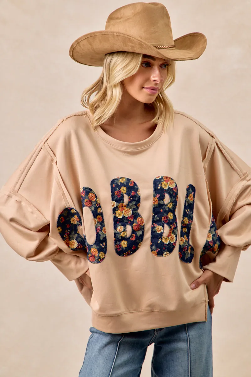 IT3426G-25 | THANKSGIVING GOBBLE LETTER PATCHES SWEATSHIRT Glossy Finish Sleek Style
