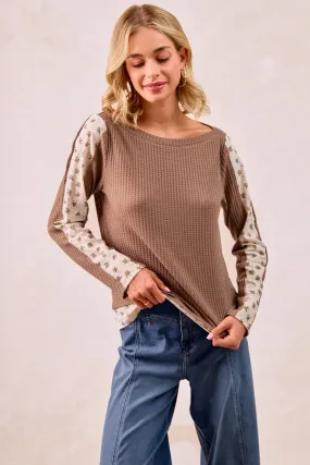 IT4464S-01 | WAFFLE WITH FLORAL WOVEN COMBO BOAT NECK TOP Work Tough Sleek Outdoor Look