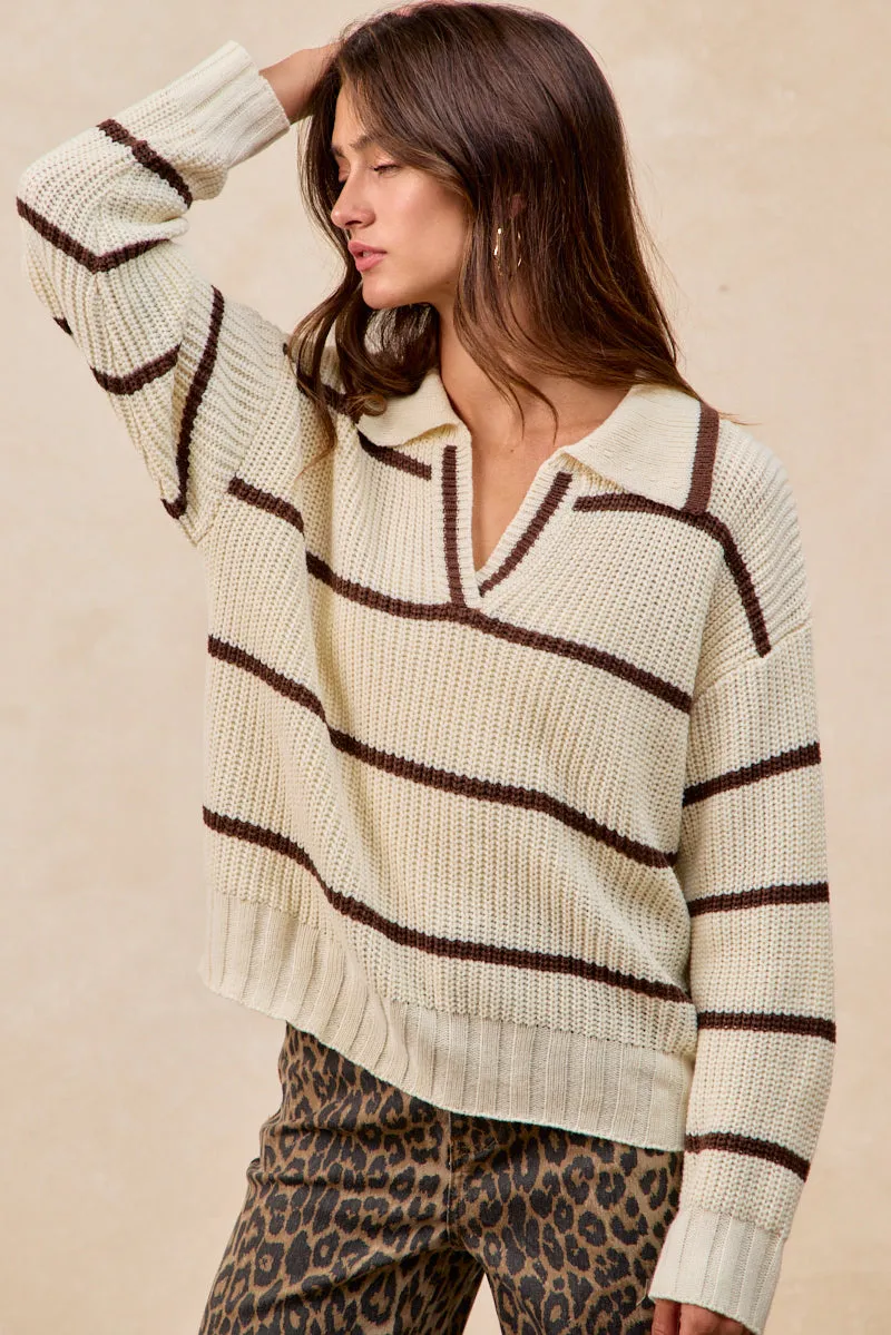 Functional Layer Piece IT4819-01 | CONTRAST STRIPED V NECK SWEATER TOP