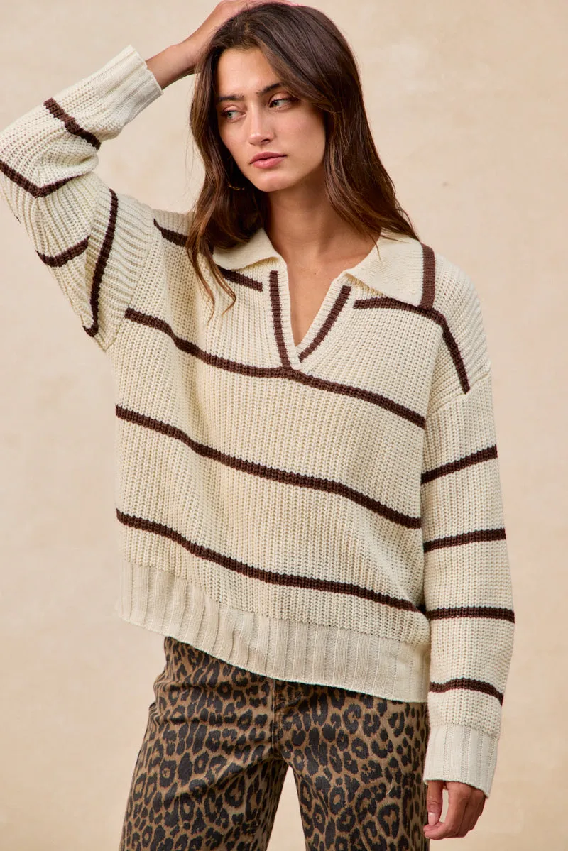 Flexible Comfort IT4819-01 | CONTRAST STRIPED V NECK SWEATER TOP
