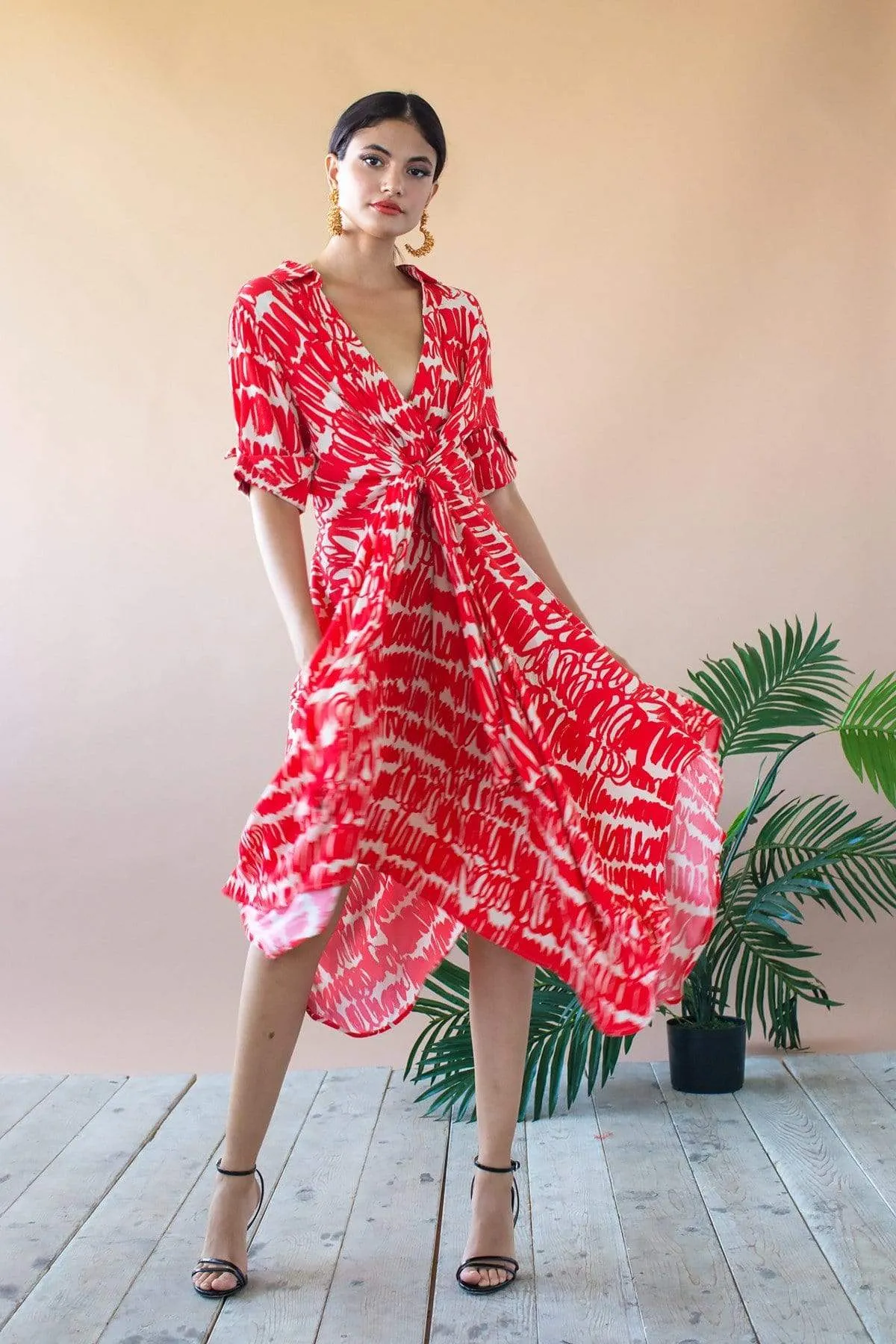 Multi Color Sophia Asymmetric Hem Midi Dress - Red Script