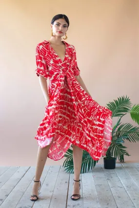 Sophia Asymmetric Hem Midi Dress - Red Script Happy Fit Fall Style