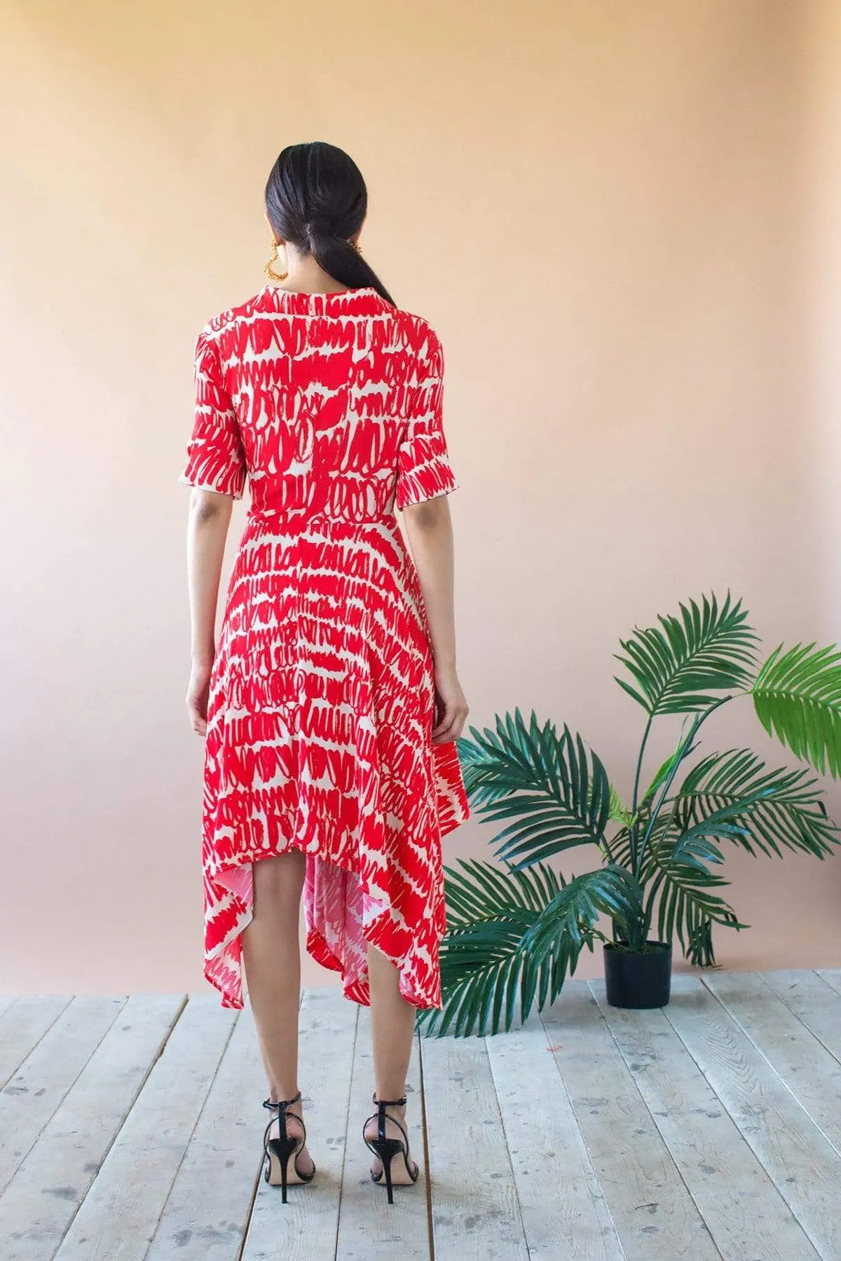 Multi Color Sophia Asymmetric Hem Midi Dress - Red Script