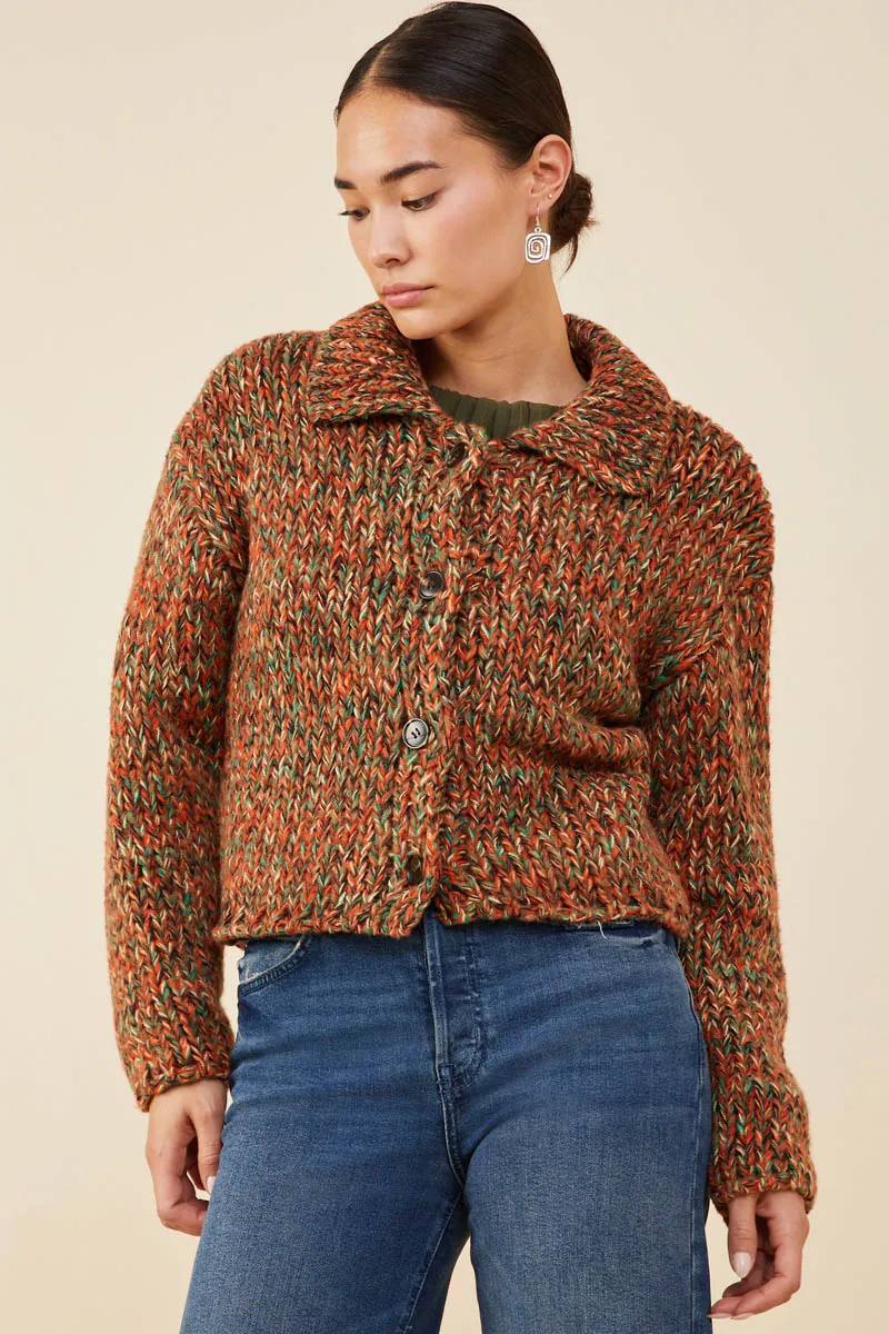 Snap Closures Multicolor Yarn Collared Button Sweater Cardigan