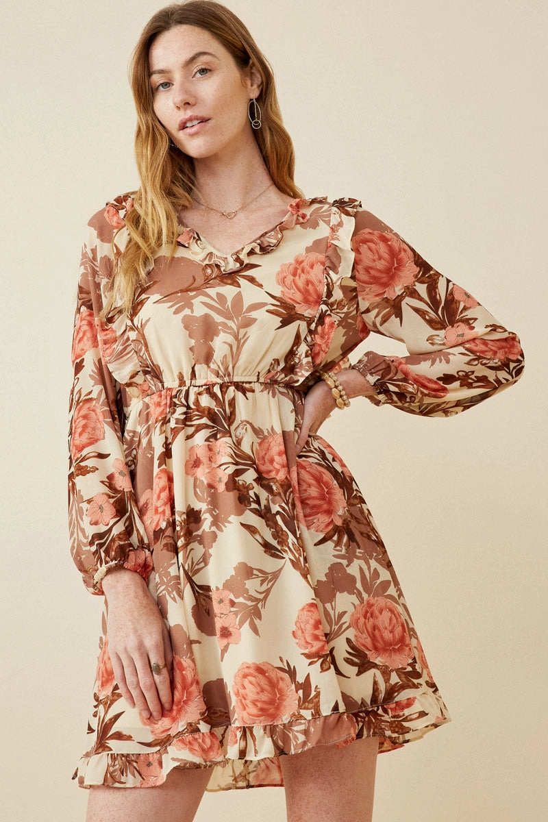 Romantic Floral Ruffle Detailed Long Sleeve Dress Lightweight-Layer Anniversary-Event