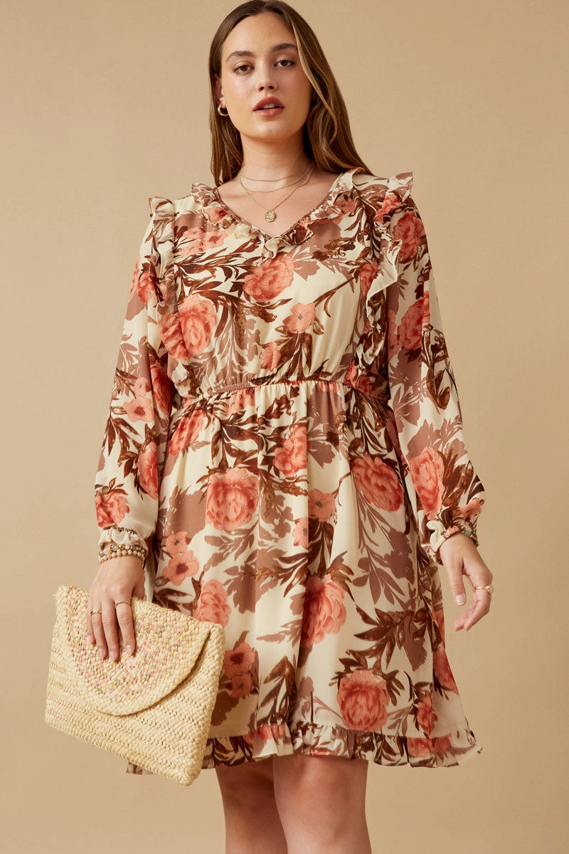 Romantic Floral Ruffle Detailed Long Sleeve Dress Modern Design Linen Vibe