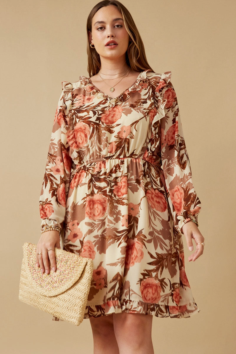 Subtle Fit Romantic Floral Ruffle Detailed Long Sleeve Dress