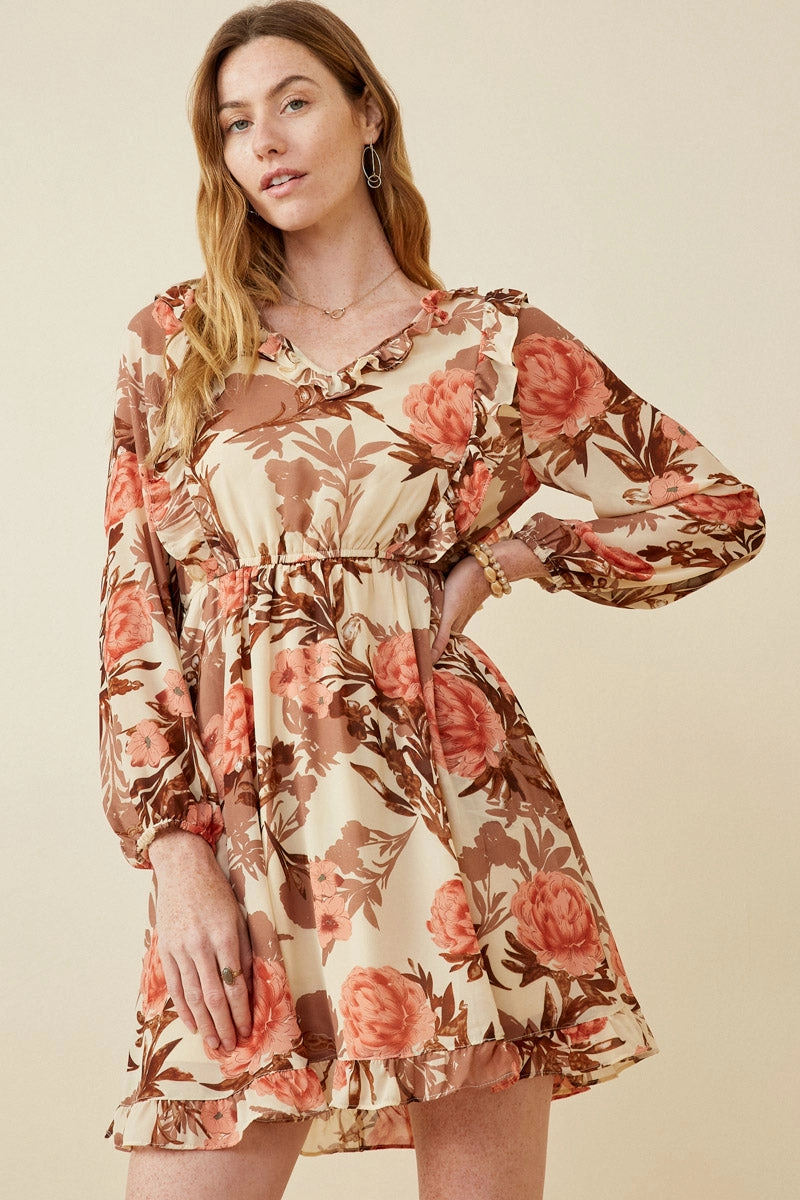 Elegant Outline Romantic Floral Ruffle Detailed Long Sleeve Dress