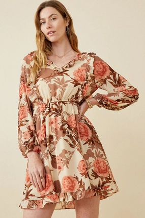 Elegant Outline Romantic Floral Ruffle Detailed Long Sleeve Dress