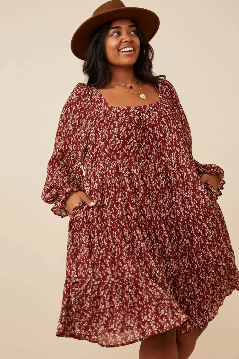 Ditsy Floral Cinched Puff Sleeve Square Neck Dress Fresh Energy Linen Chic