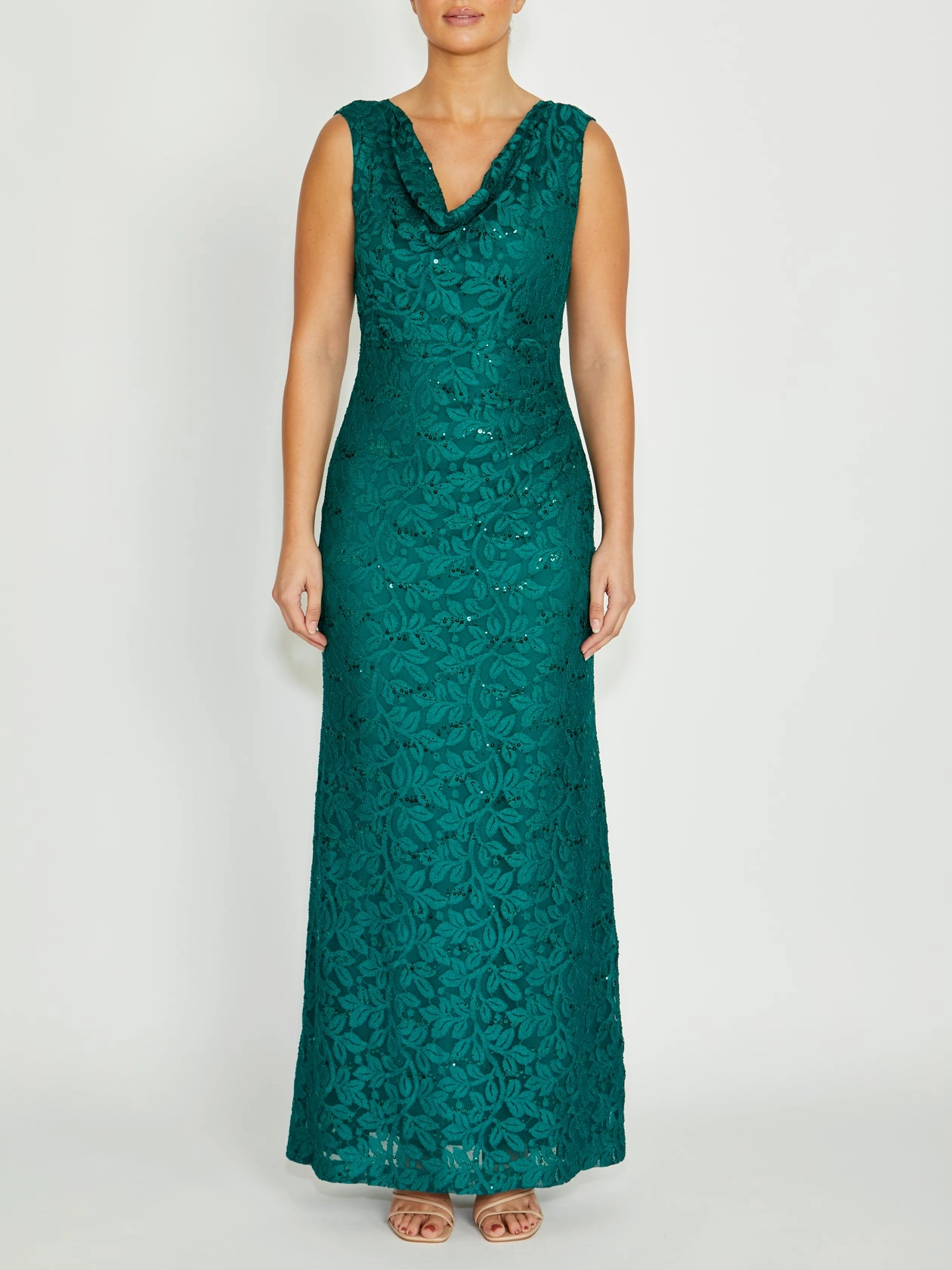 Minimalist mid-calf dress Sophisticated Comfort Elisa Green Cowl Neck Gown