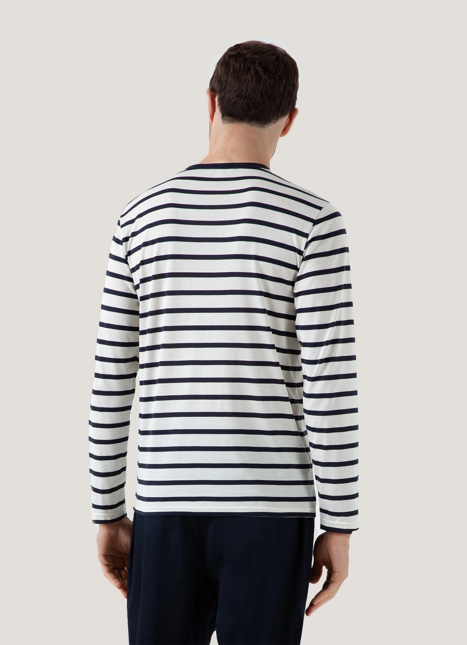 Off Duty Style Men's Long Sleeve Classic T-shirt in Ecru/Navy Breton Stripe