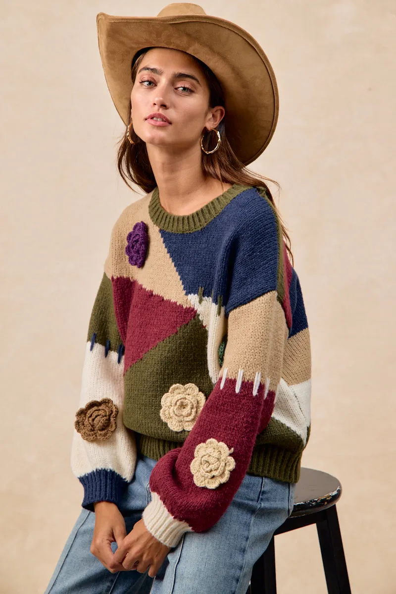 IT4831-01 | FLOWER EMBROIDERED MULTI COLOR BLOCK SWEATER TOP Flared Legs