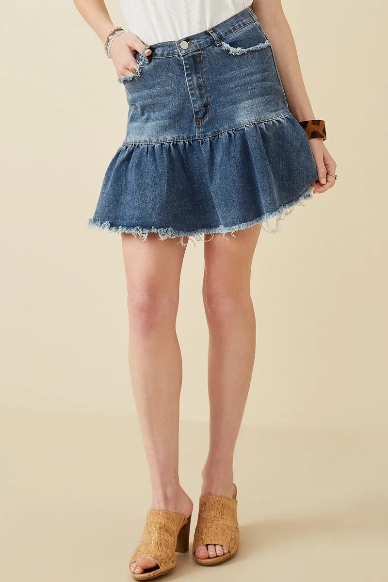 Urban Fit Quick Wash Distressed High Waist Drop Hem Denim Skirt