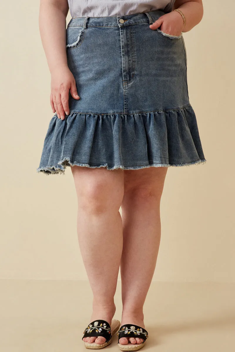 Breathable Material Distressed High Waist Drop Hem Denim Skirt