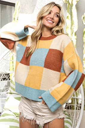 IP8864-01 | COLOR  BLOCK CHECK PATTERN SWEATER Vegan Safe Daily Wear