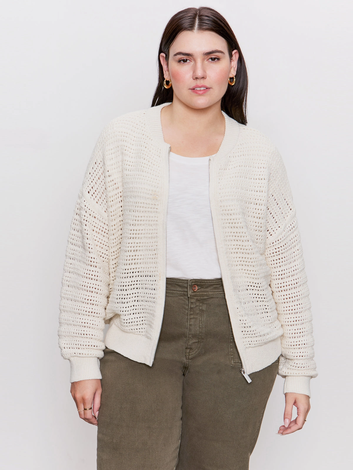 Work Coat Outerwear Collection Open Knit Bomber Jacket Chalk Extended Sizing