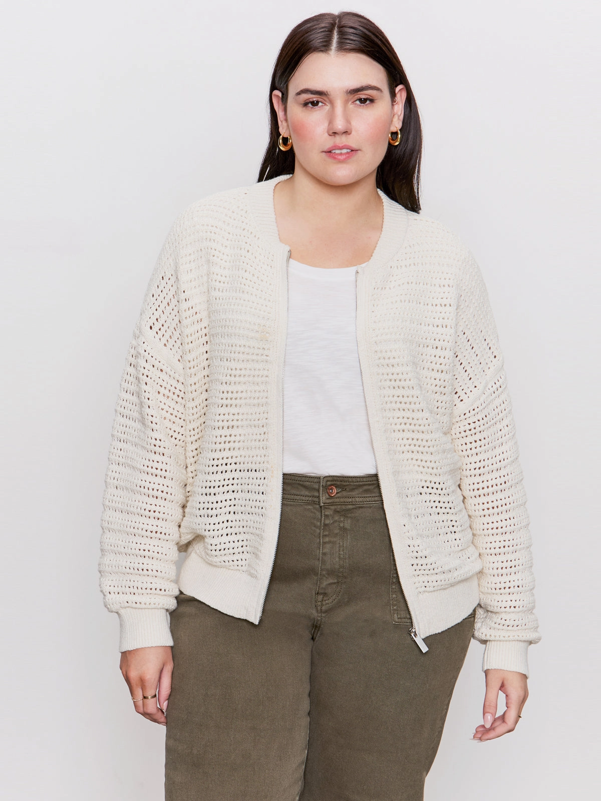 Open Knit Bomber Jacket Chalk Extended Sizing Date Outfit
