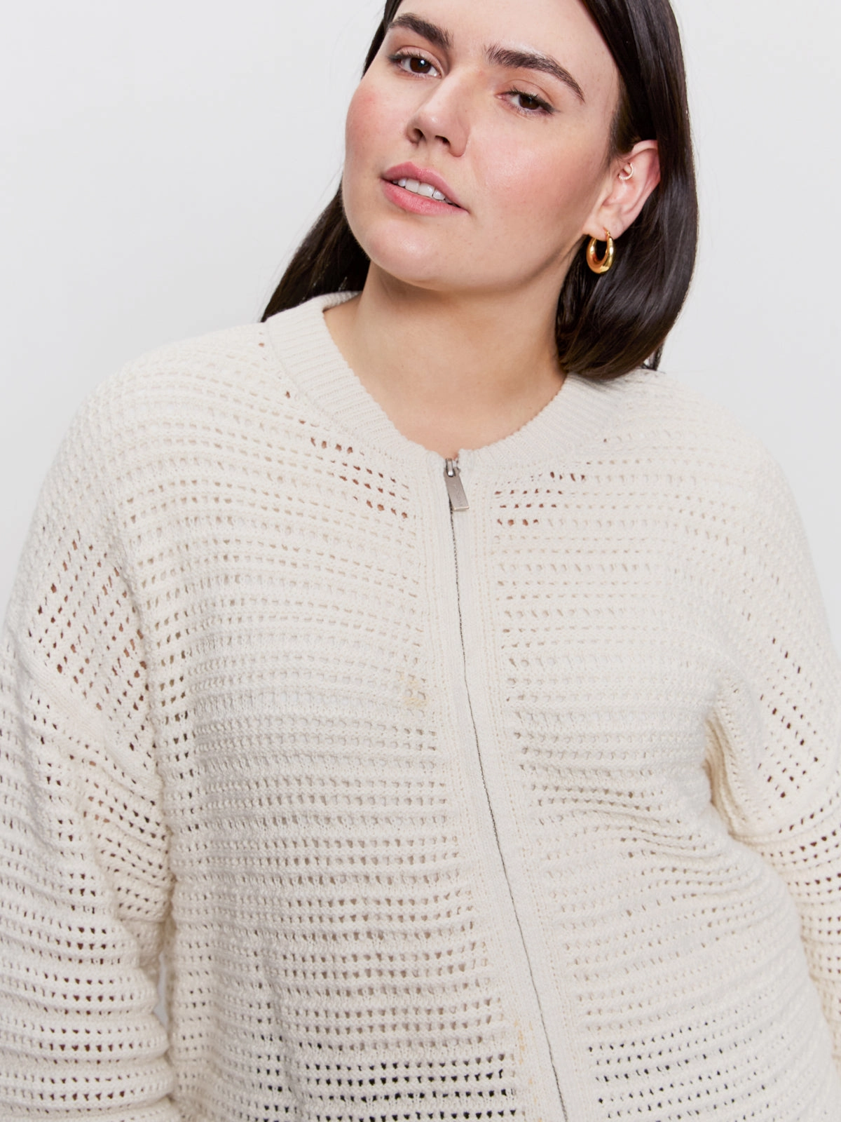 Open Knit Bomber Jacket Chalk Extended Sizing Unique Style