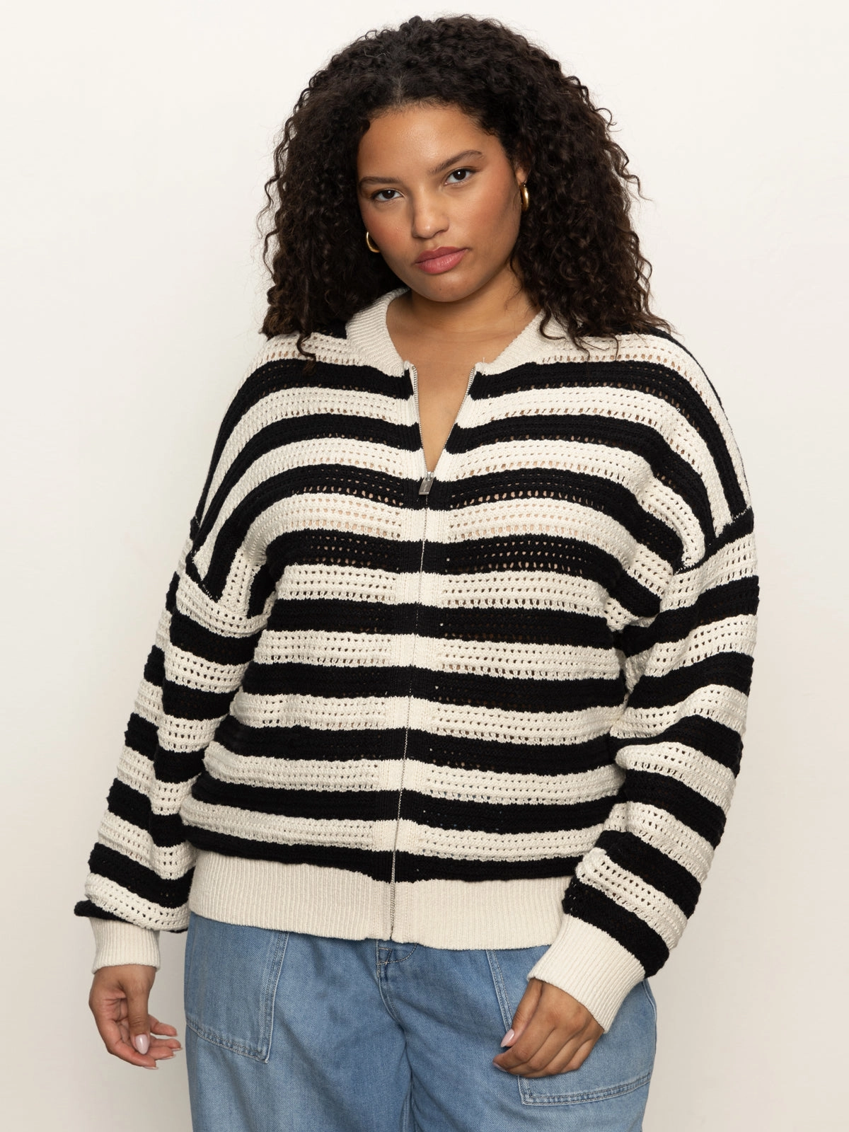Open Knit Bomber Jacket Macrame Black Stripe Extended Sizing Versatile Knit