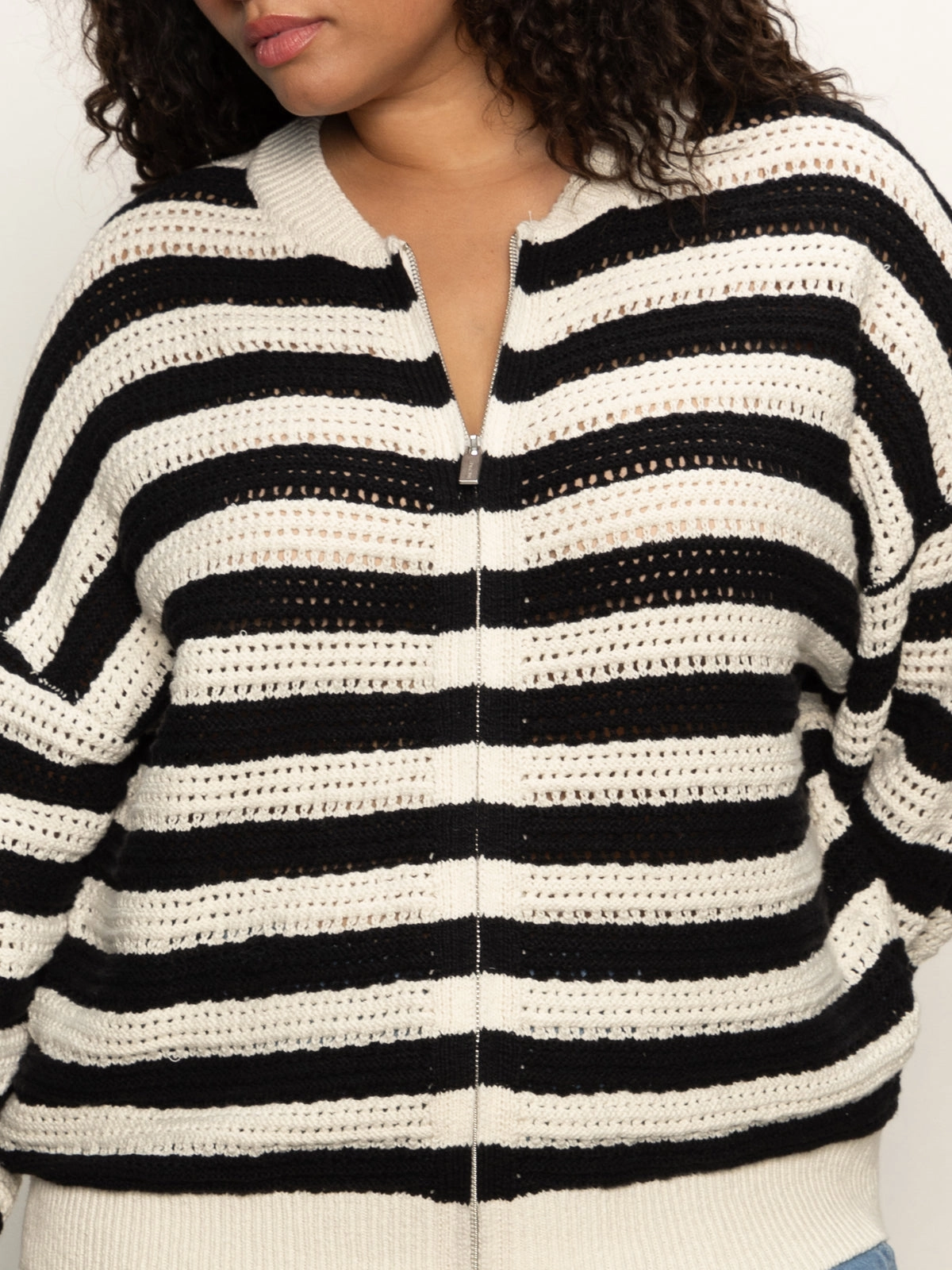 Open Knit Bomber Jacket Macrame Black Stripe Extended Sizing Korean design