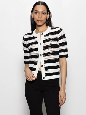 Open Knit Sweater Jacket Chalk / Black Stripe ruffled decoration