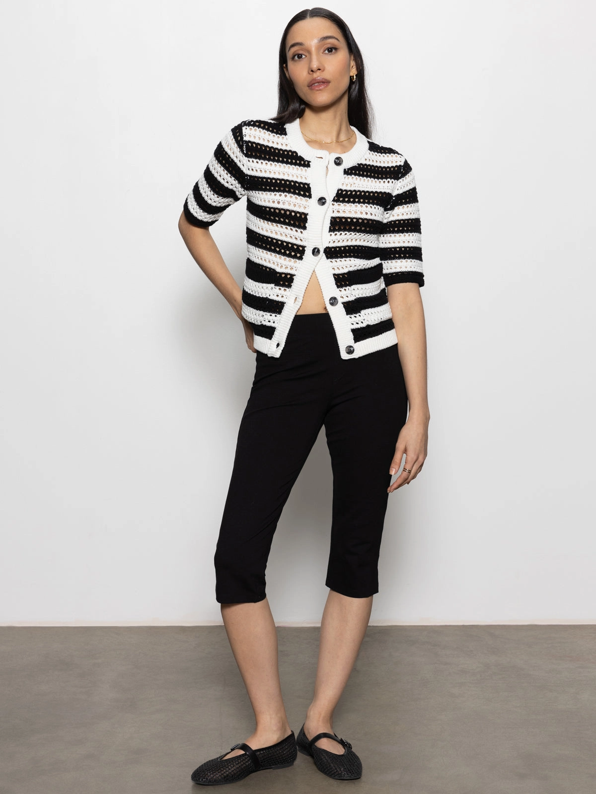 Open Knit Sweater Jacket Chalk / Black Stripe Snug Knit