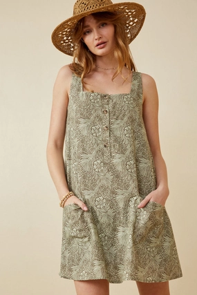 Elegant brunch outfit Earth-Tone Floral Print Button Detail Tank Dress