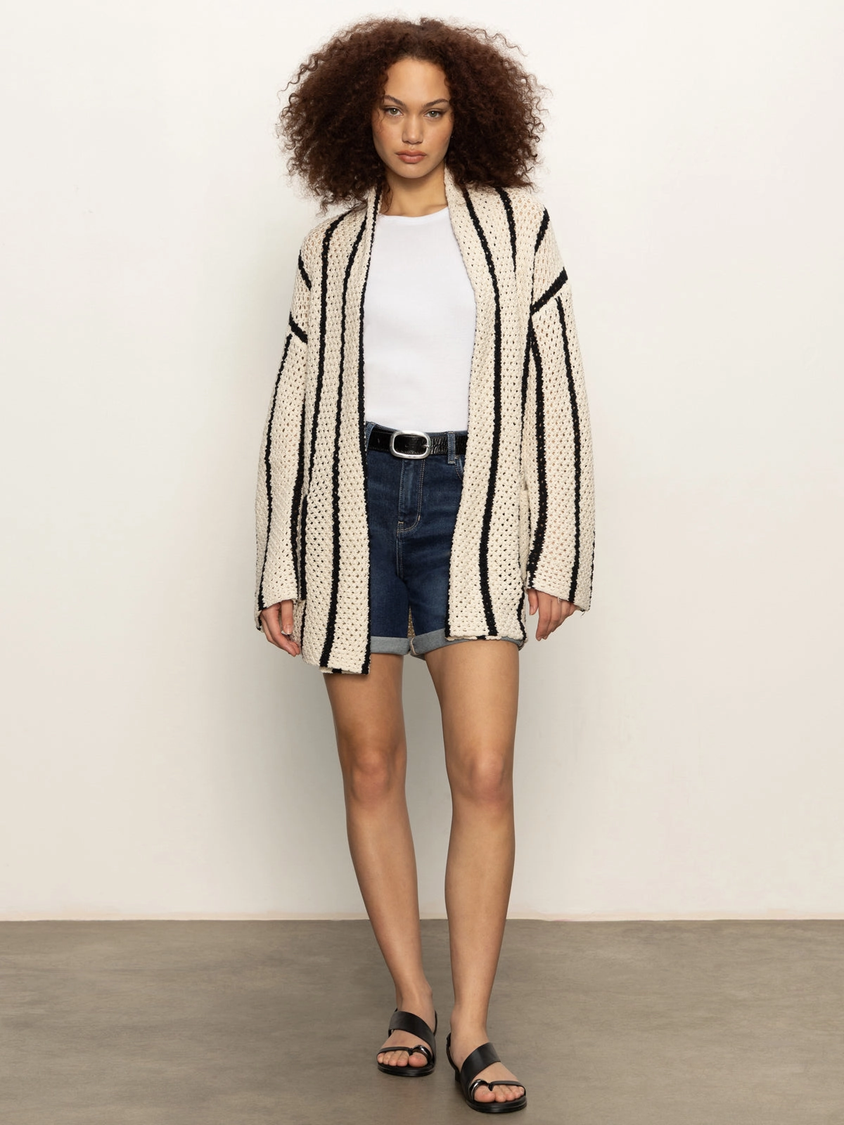 Openwork Beach Cardi Chalk Black Stripe Relaxed Comfort