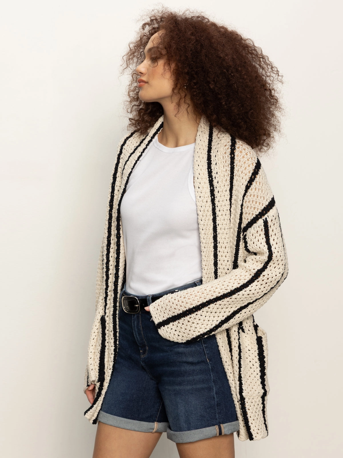 Openwork Beach Cardi Chalk Black Stripe Relaxed Comfort