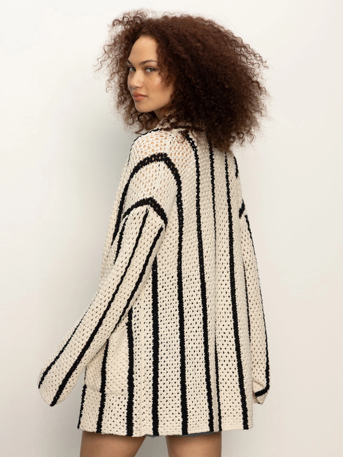 Openwork Beach Cardi Chalk Black Stripe Relaxed Comfort