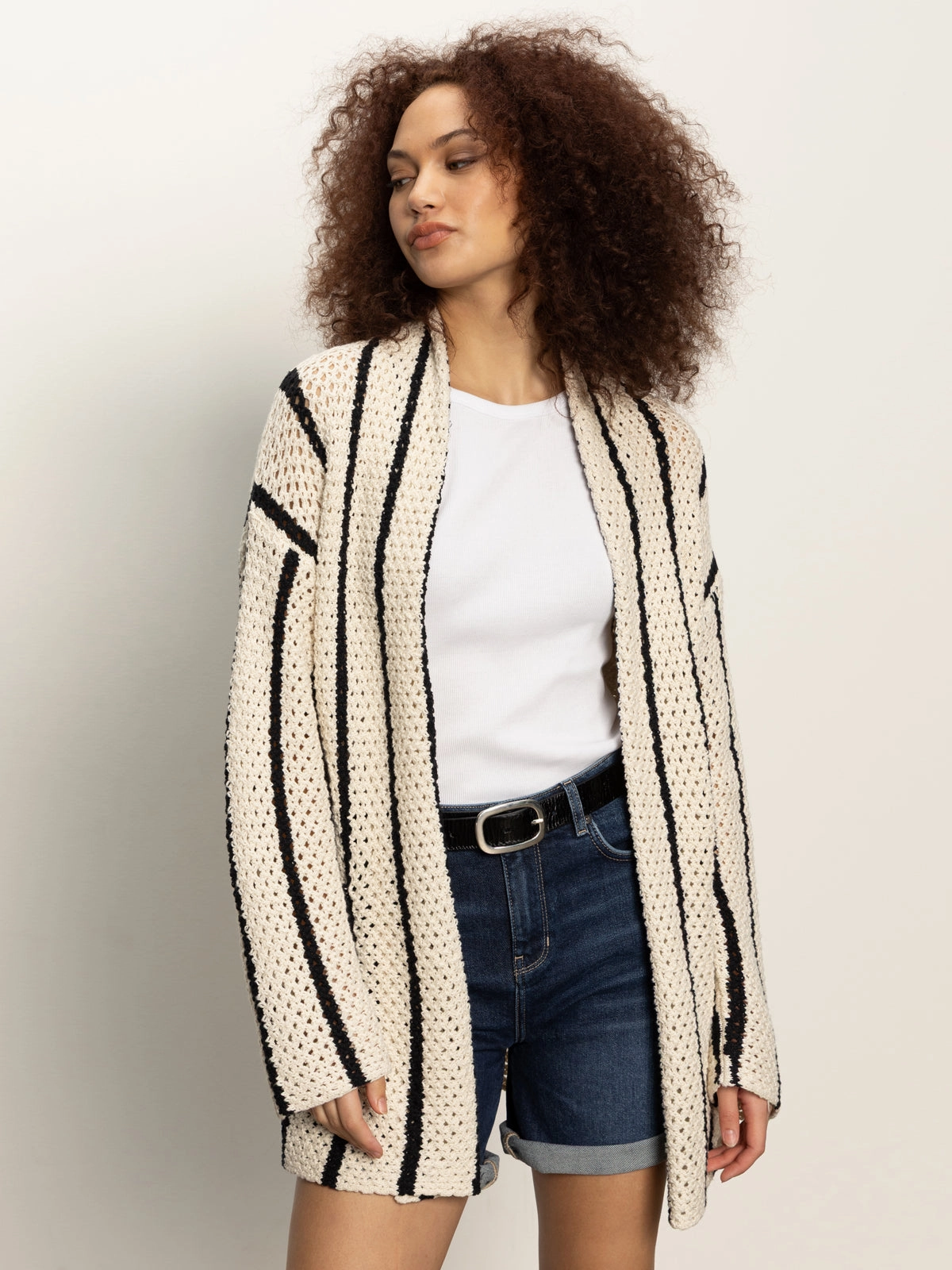 Openwork Beach Cardi Chalk Black Stripe Relaxed Comfort