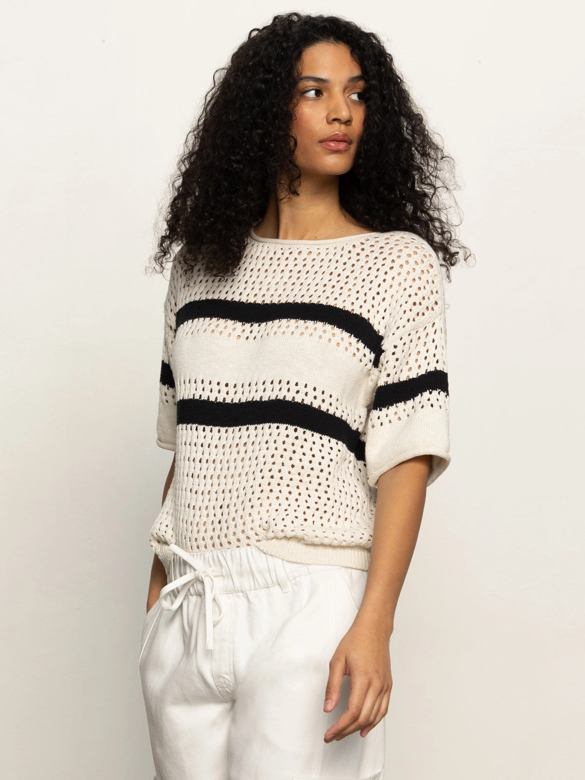 Openwork Tee Black Chalk Stripe Asymmetrical Design Split hem