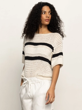 Openwork Tee Black Chalk Stripe Asymmetrical Design Split hem