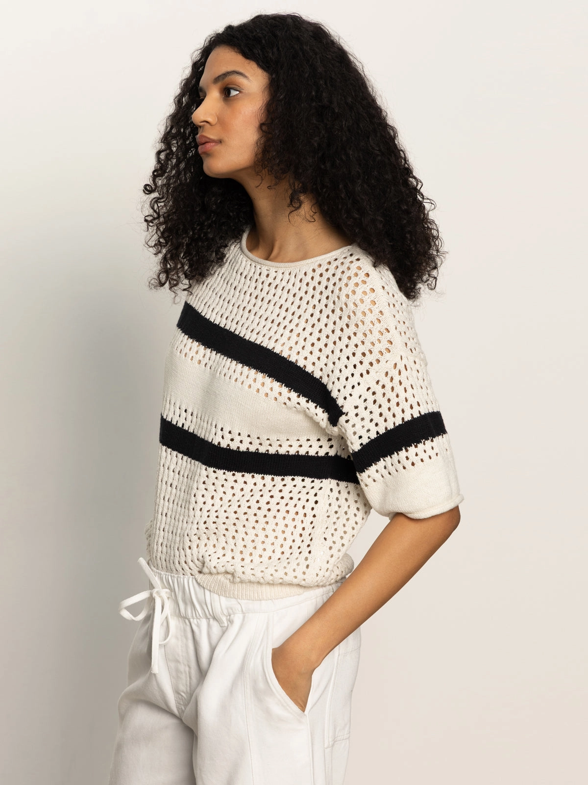 Openwork Tee Black Chalk Stripe Trendy Style