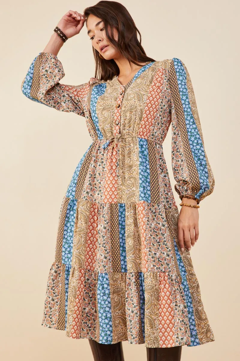 Print Blocked Button Detail Tiered Dress Natural Aesthetic