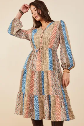 Knit Cool Print Blocked Button Detail Tiered Dress