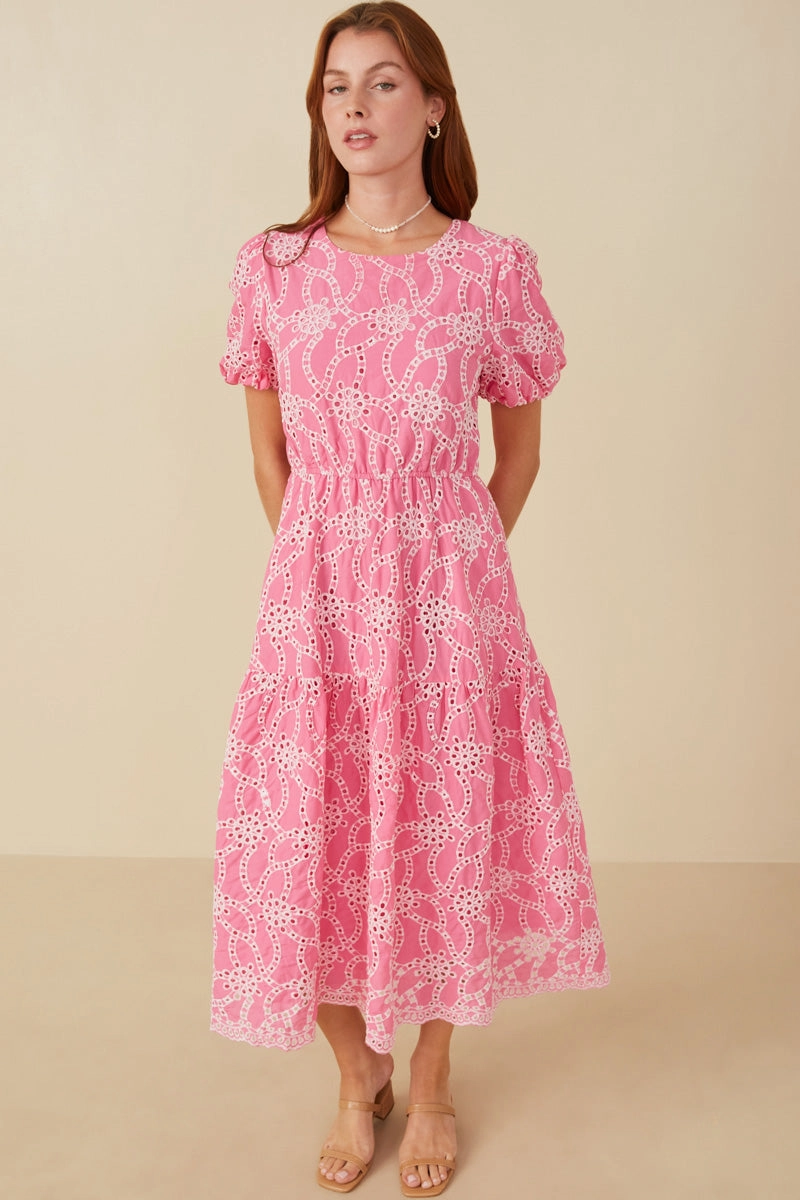 Dreamy Motion Low Key Eyelet Patterned Puff Sleeve Scallop Hem Dress