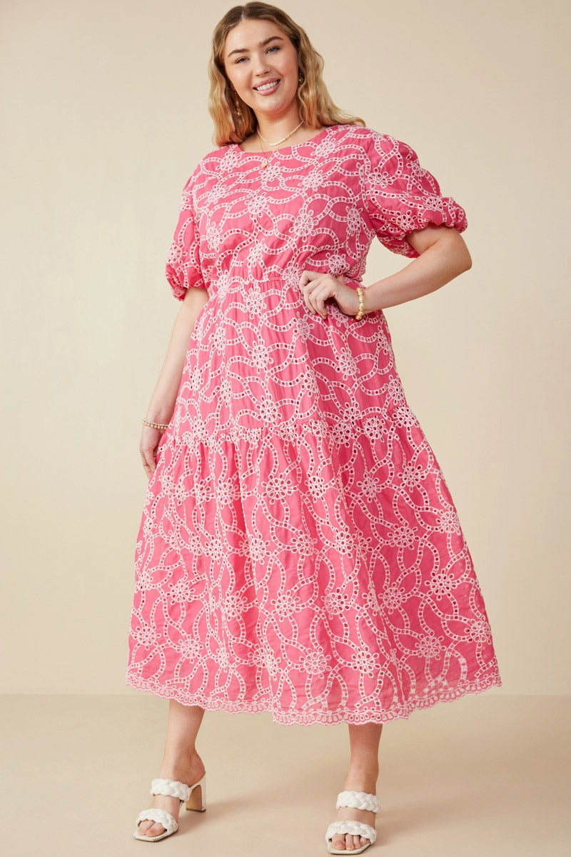 Soft Colorway Eyelet Patterned Puff Sleeve Scallop Hem Dress
