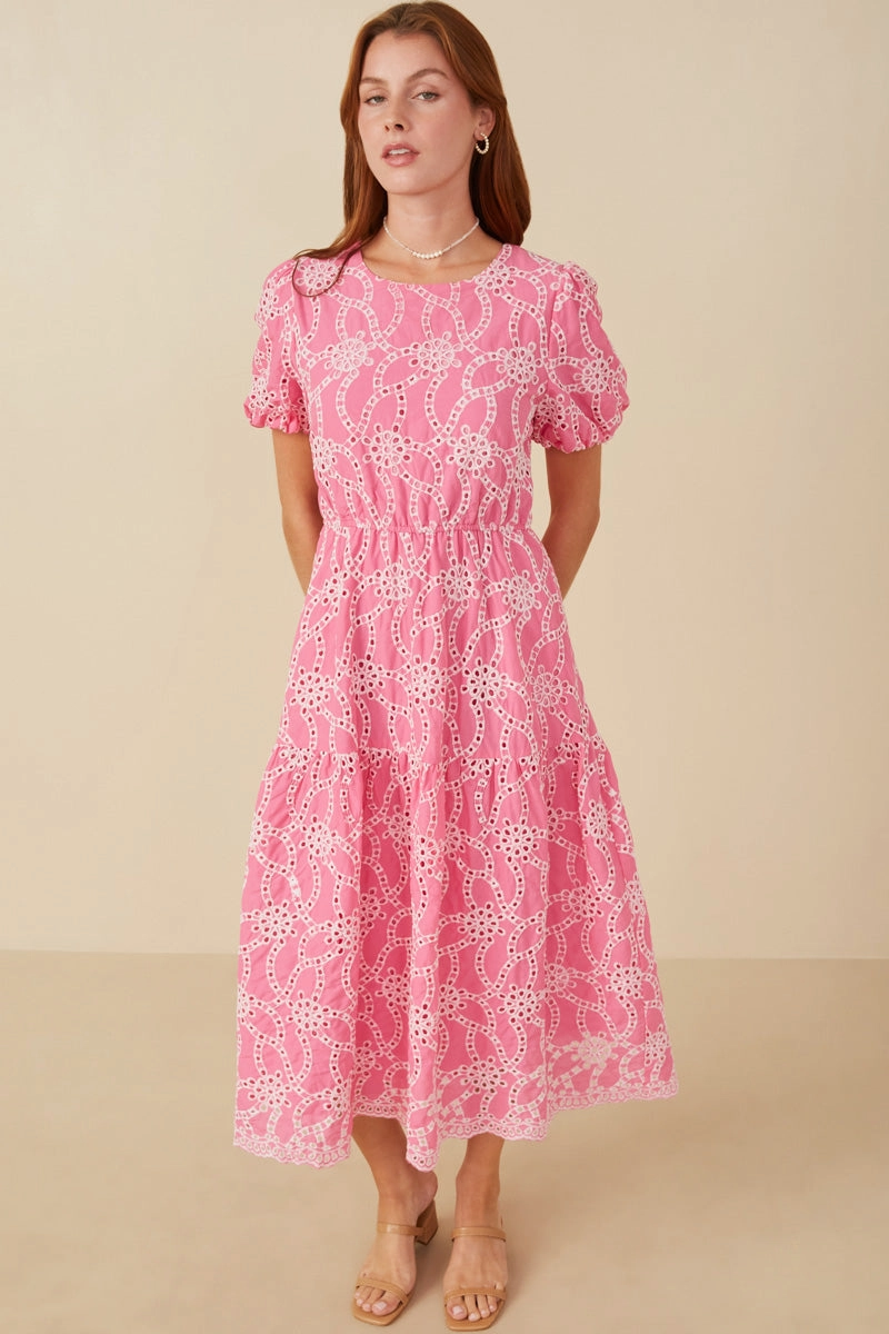 Timeless boho dress Eyelet Patterned Puff Sleeve Scallop Hem Dress
