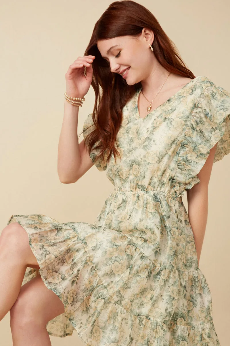 Travel Option Happy Glow Organza Floral Bubble Ruffled V Neck Dress