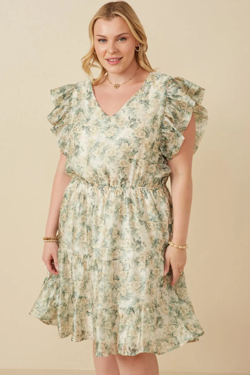 Easy Movement Daily Favorite Organza Floral Bubble Ruffled V Neck Dress