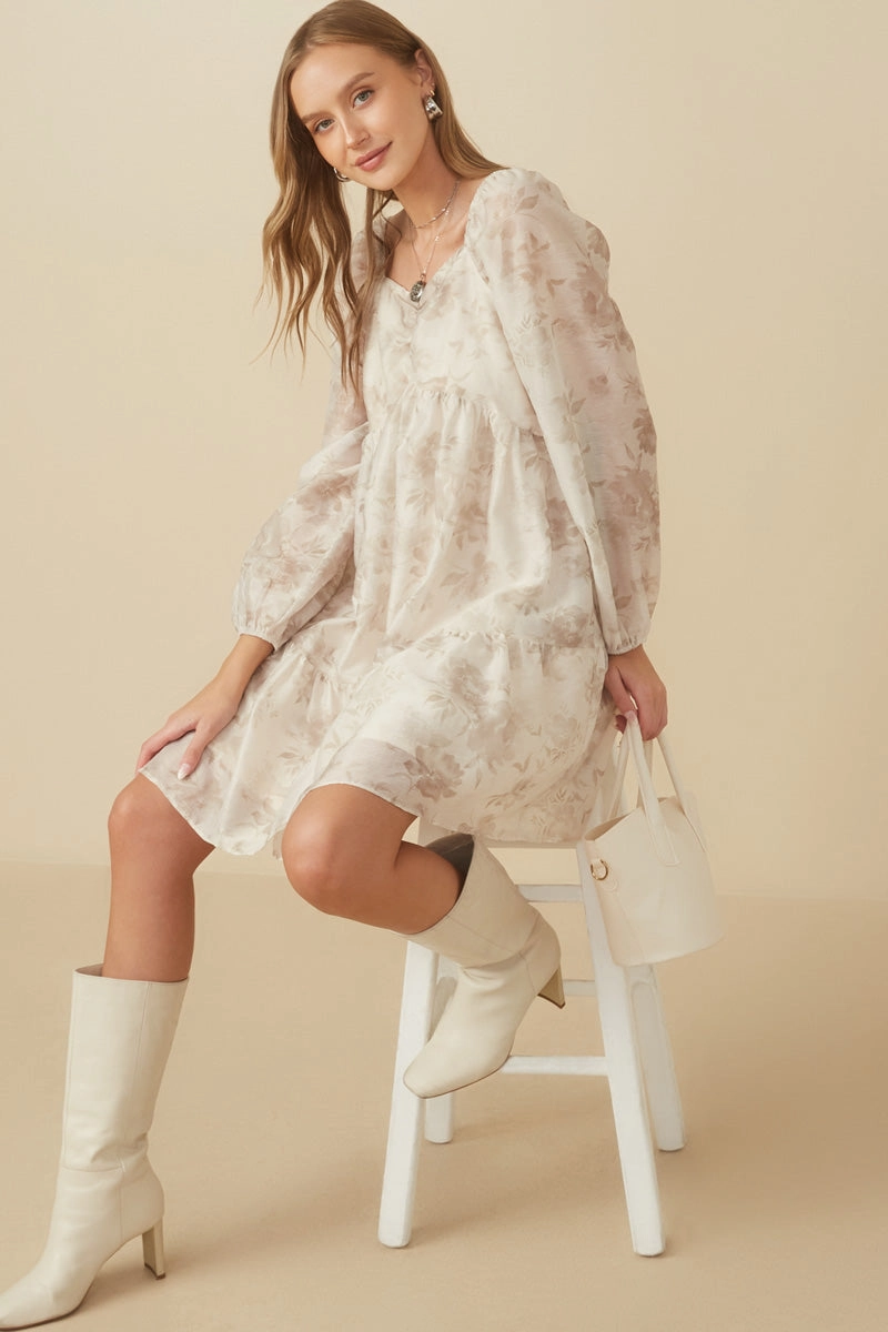 A-Line Floral Print Sweetheart Neck Organza Dress