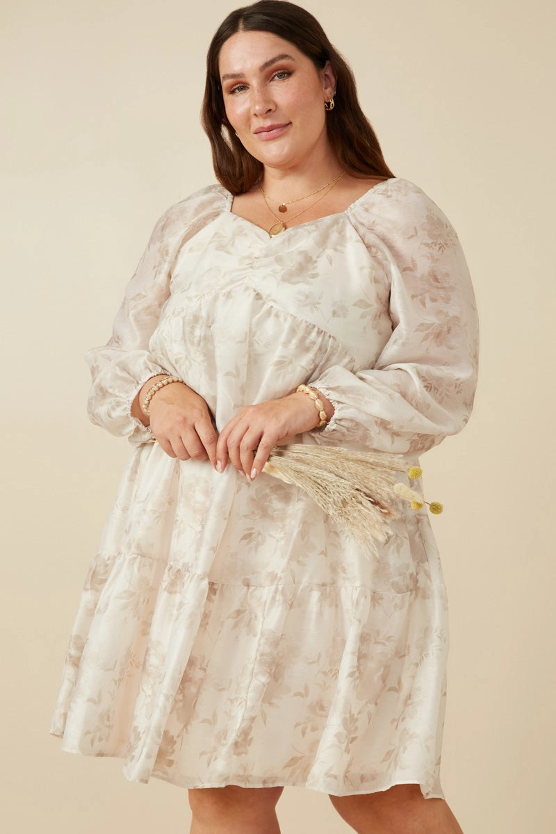 Beadwork Mid Season Floral Print Sweetheart Neck Organza Dress